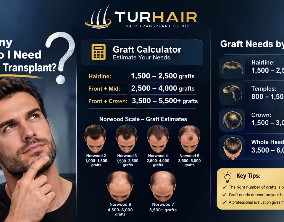 How many grafts do I need for a hair transplant – TurHair graft calculator showing hairline, crown and Norwood scale graft estimates